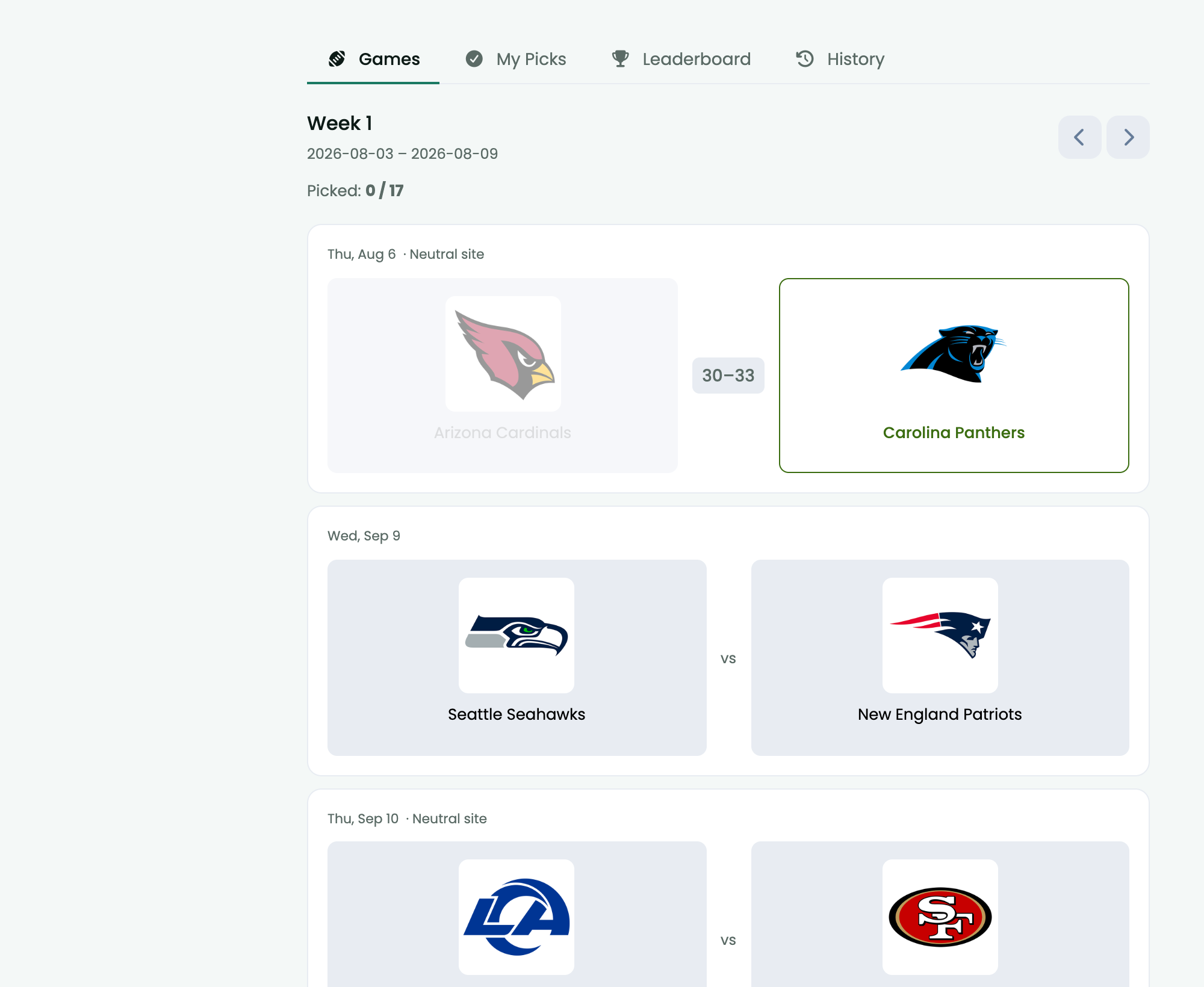 The Picks board: an NFL week, crests and scores, one card per game