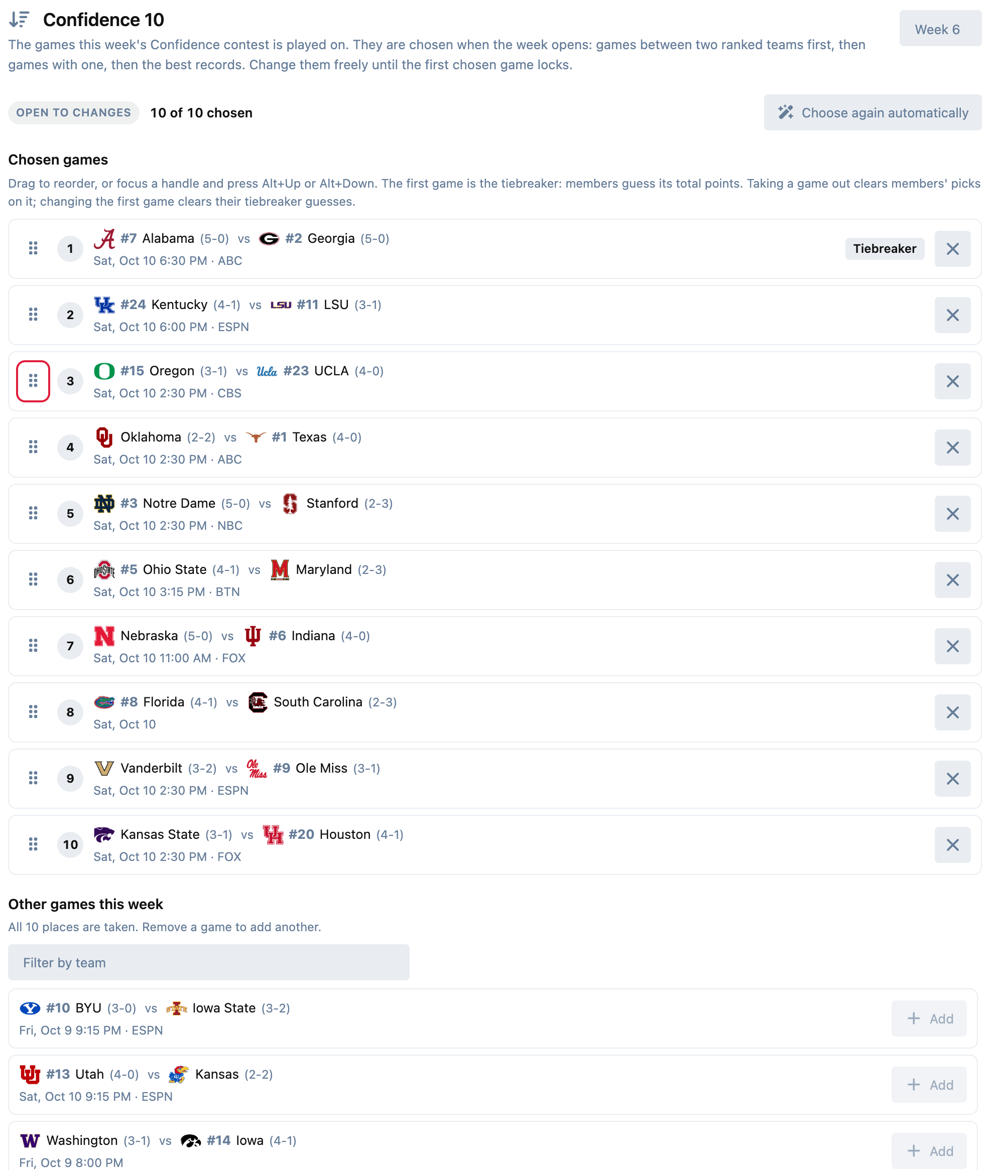 The admin's Confidence Games tab: the chosen games in order, the tiebreaker first