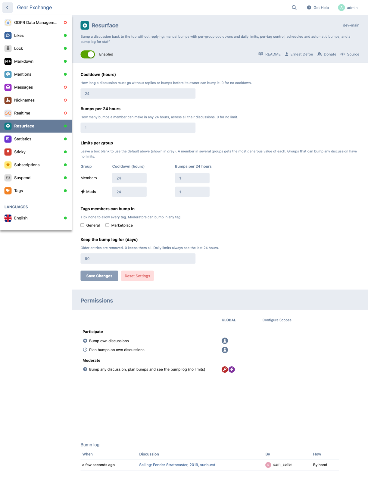 The admin page: cooldown, bumps per 24 hours, limits per group, tags, log retention, permissions and the bump log