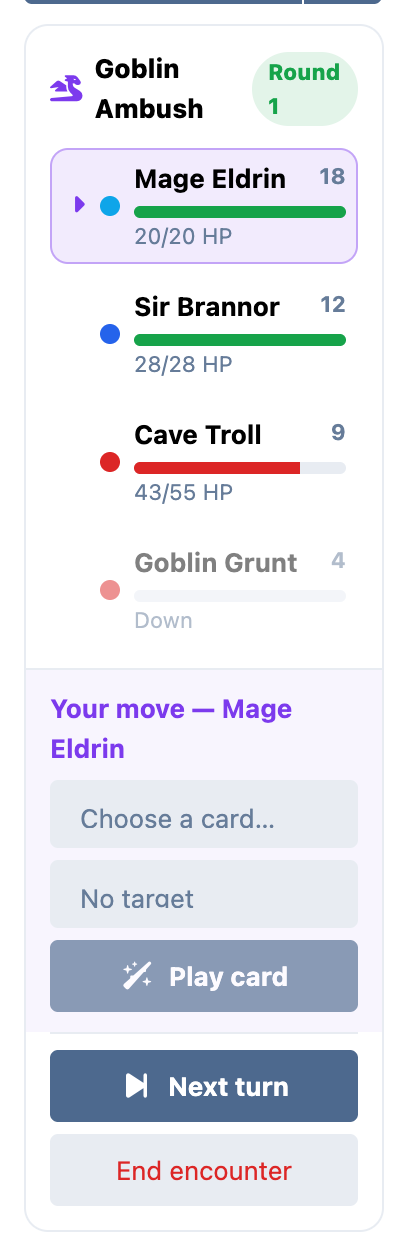 The live combat tracker in a discussion sidebar