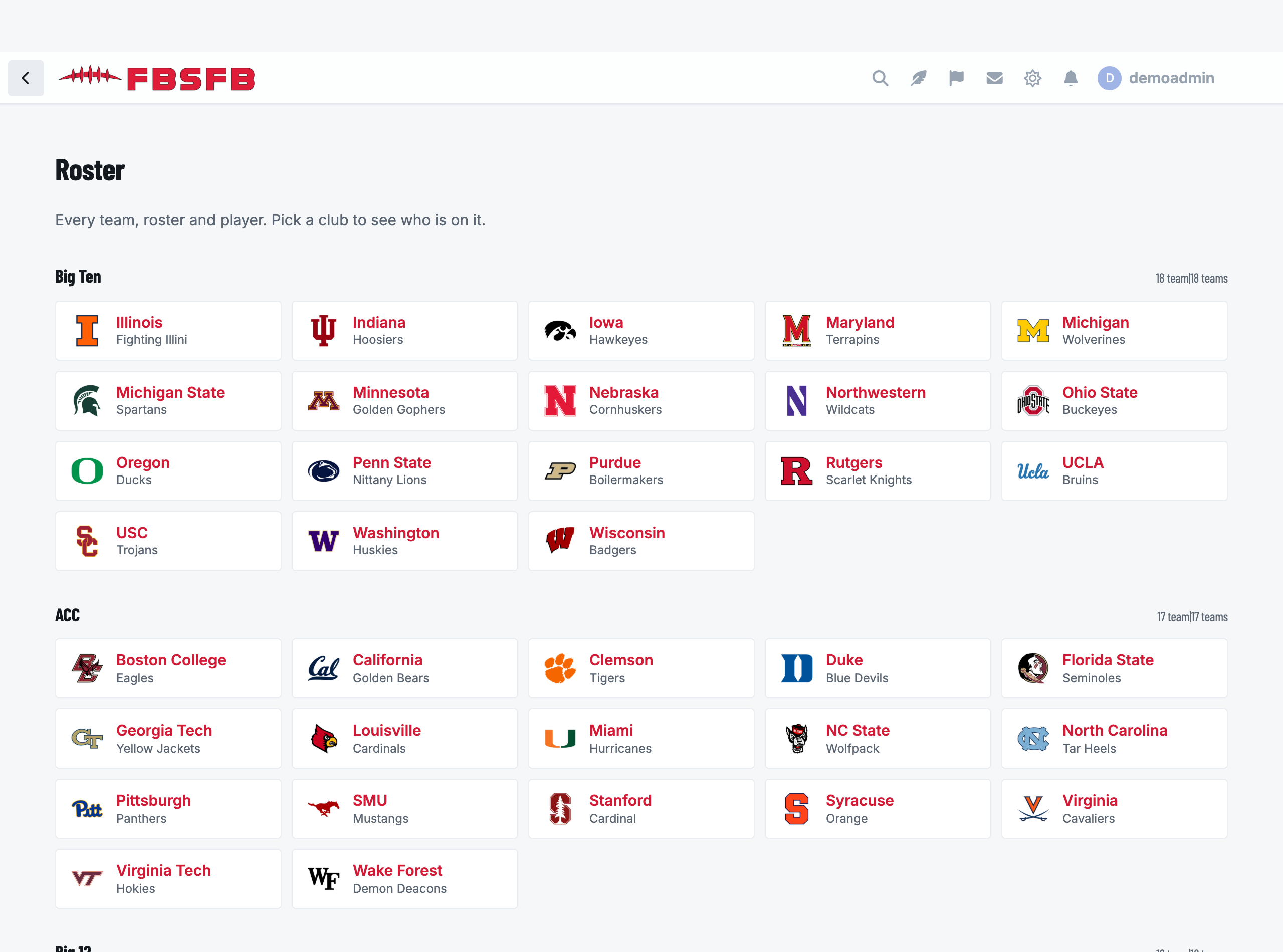 The Roster index: clubs grouped by conference, with crests