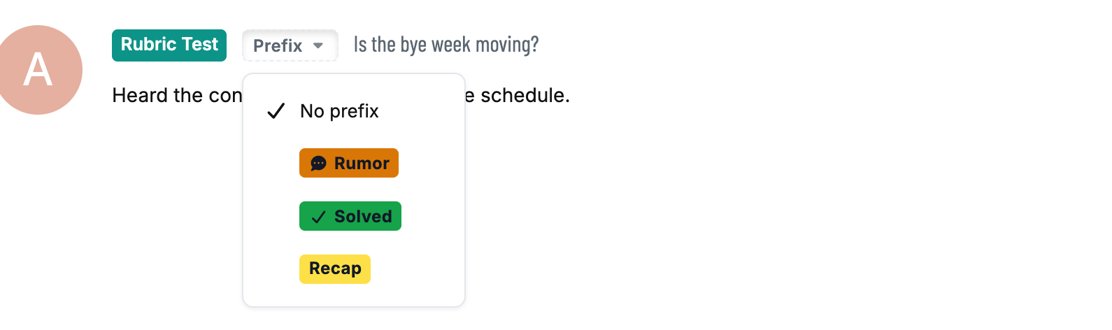 The prefix picker open in the discussion composer