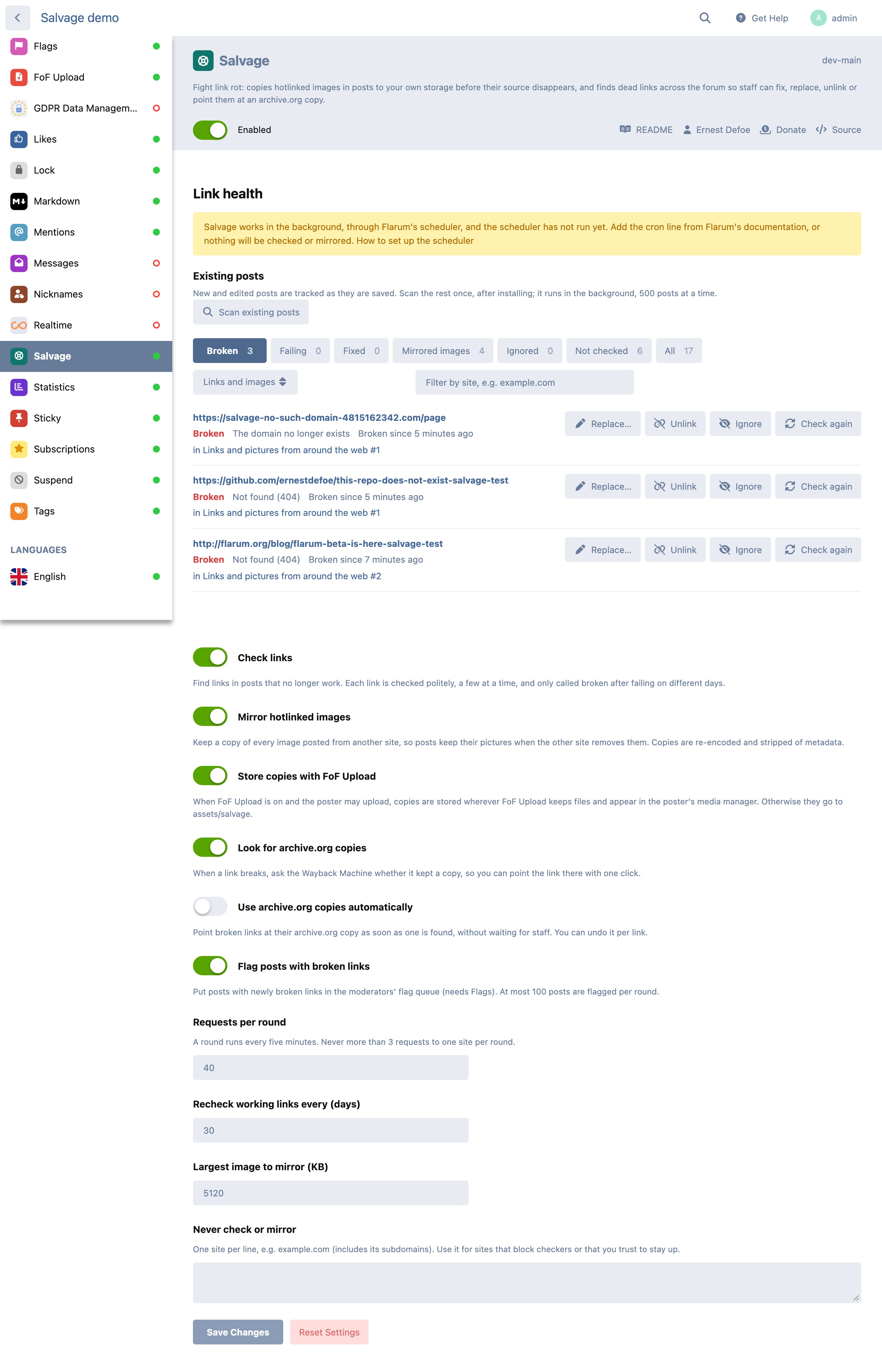 Broken links in the admin panel