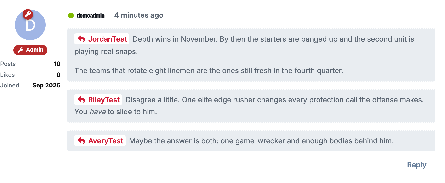 The posted reply: three separate quotes, each headed by a link to the quoted post