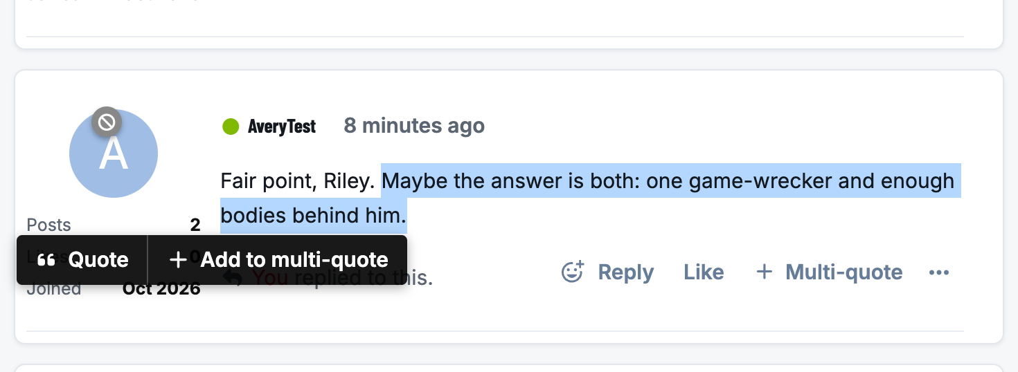 The selected-text popup with Quote and Add to multi-quote