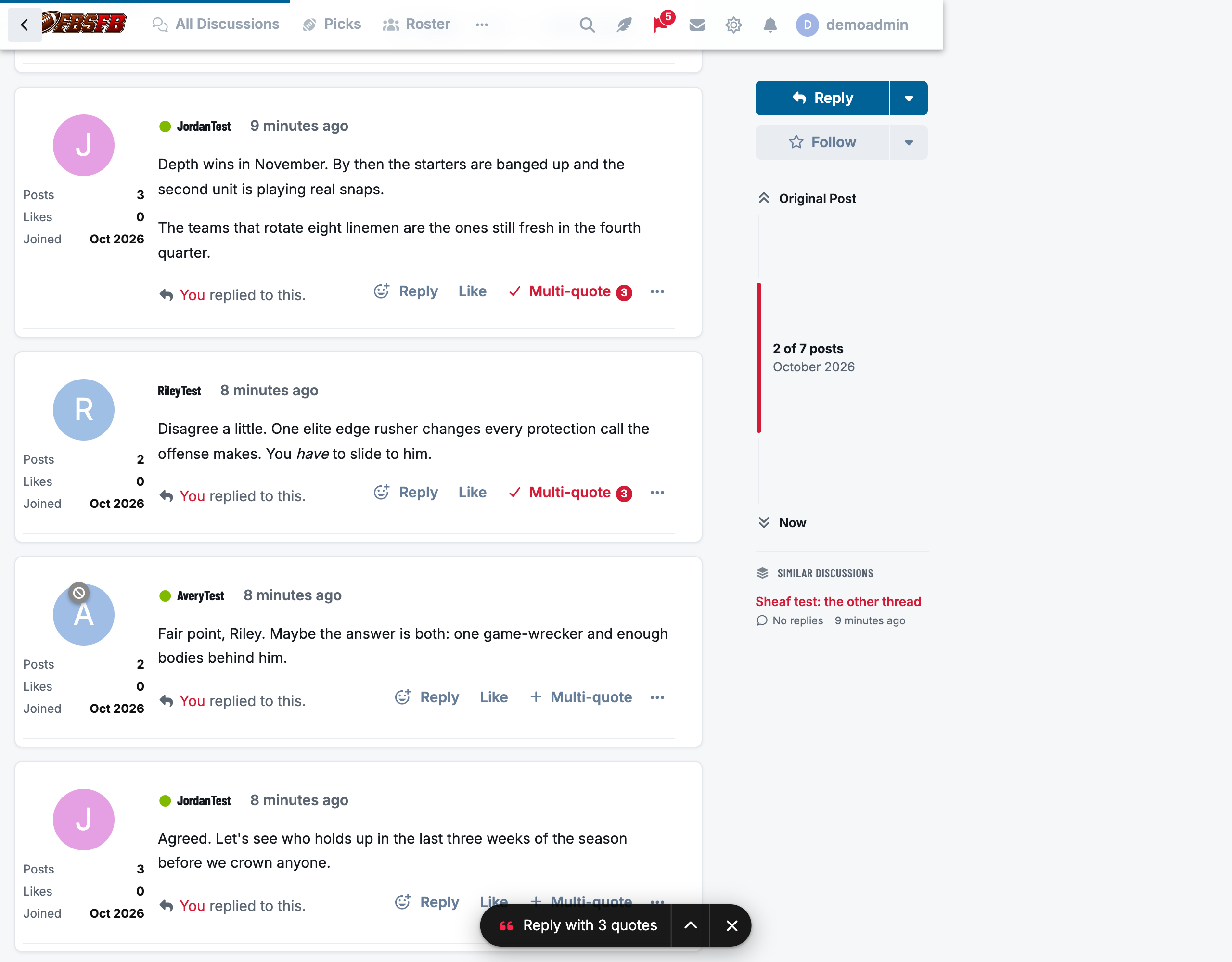 Two posts collected for a multi-quote, with the "Reply with 3 quotes" pill at the bottom of the page