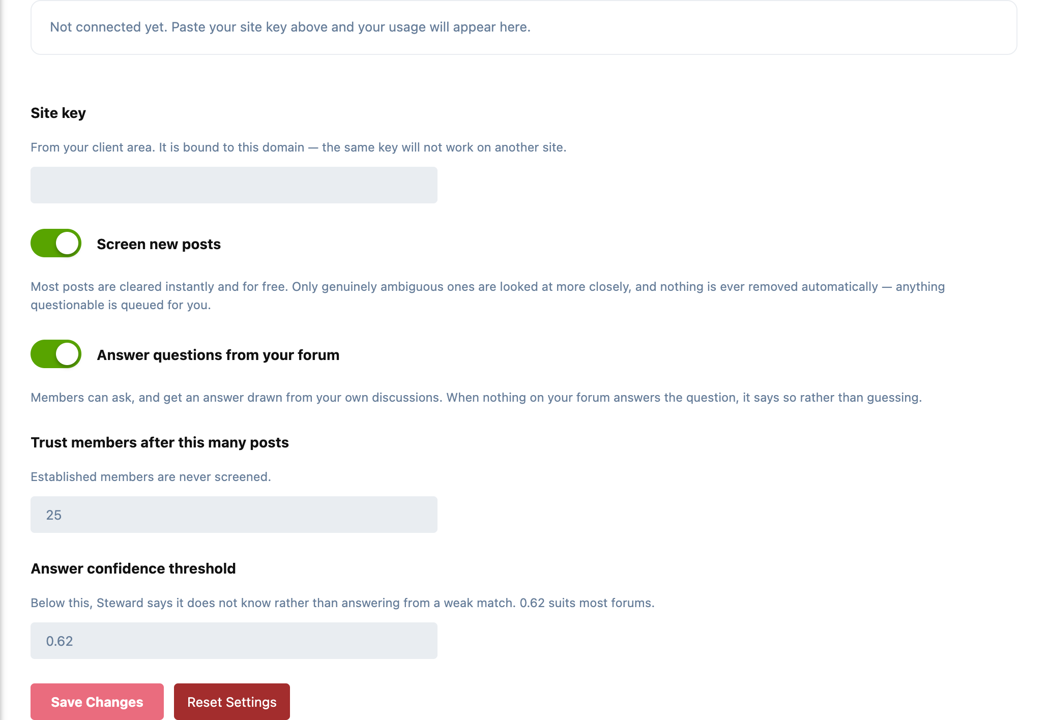 Steward's settings: the usage panel, site key, the screening and answers switches, the trust threshold and the answer confidence threshold