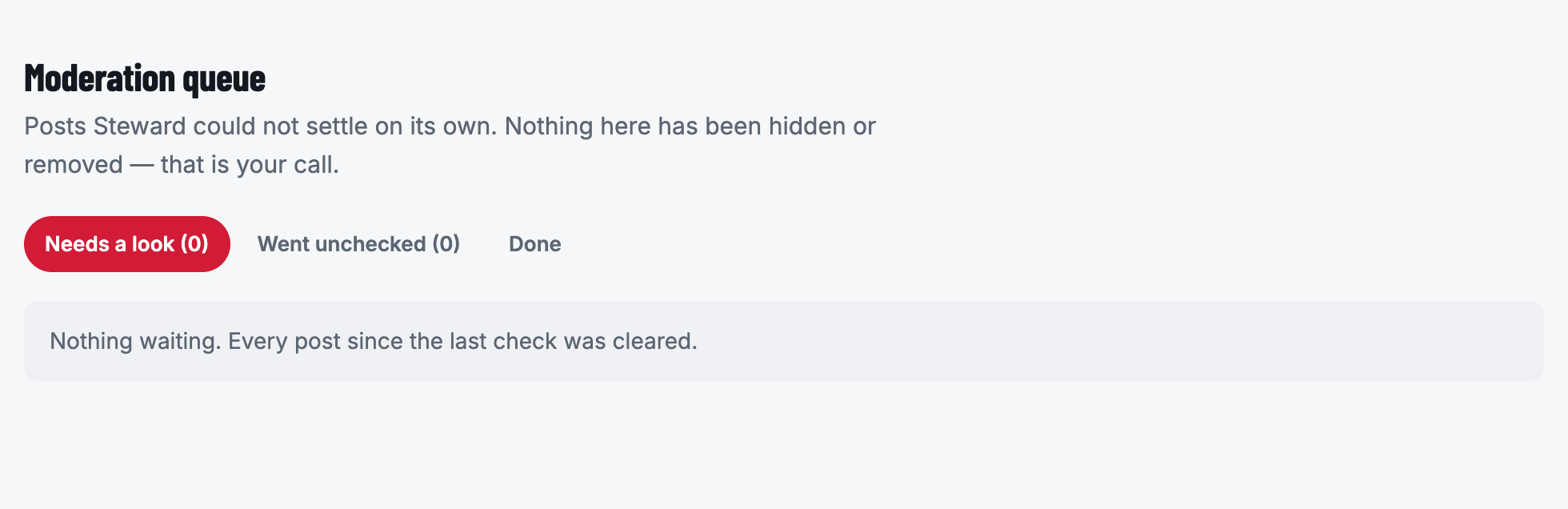 The moderation queue with its three tabs: Needs a look, Went unchecked, and Done