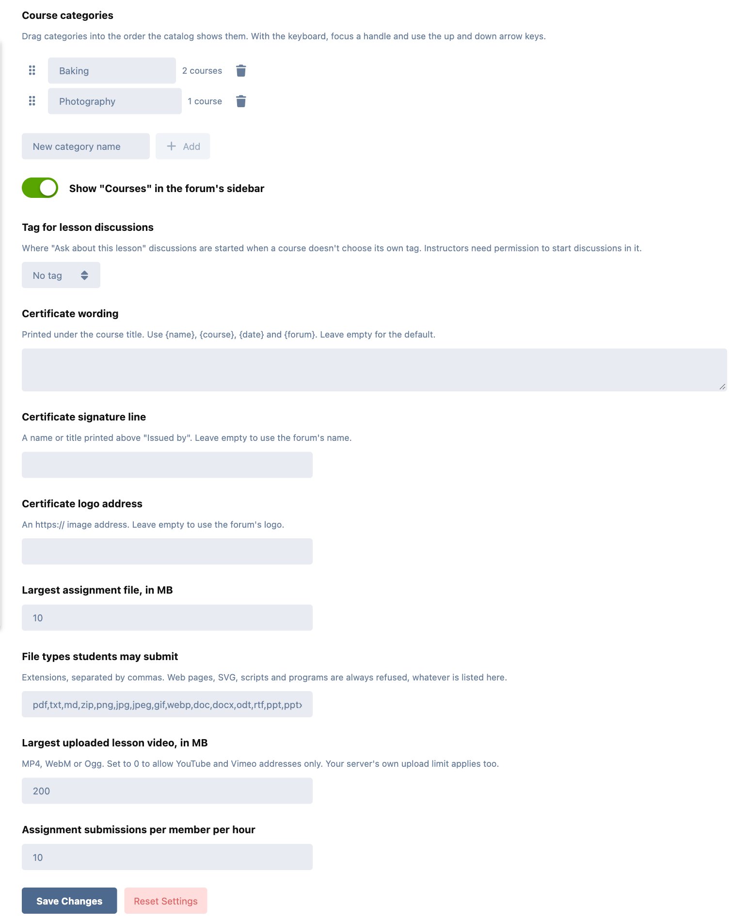 The Syllabus settings page