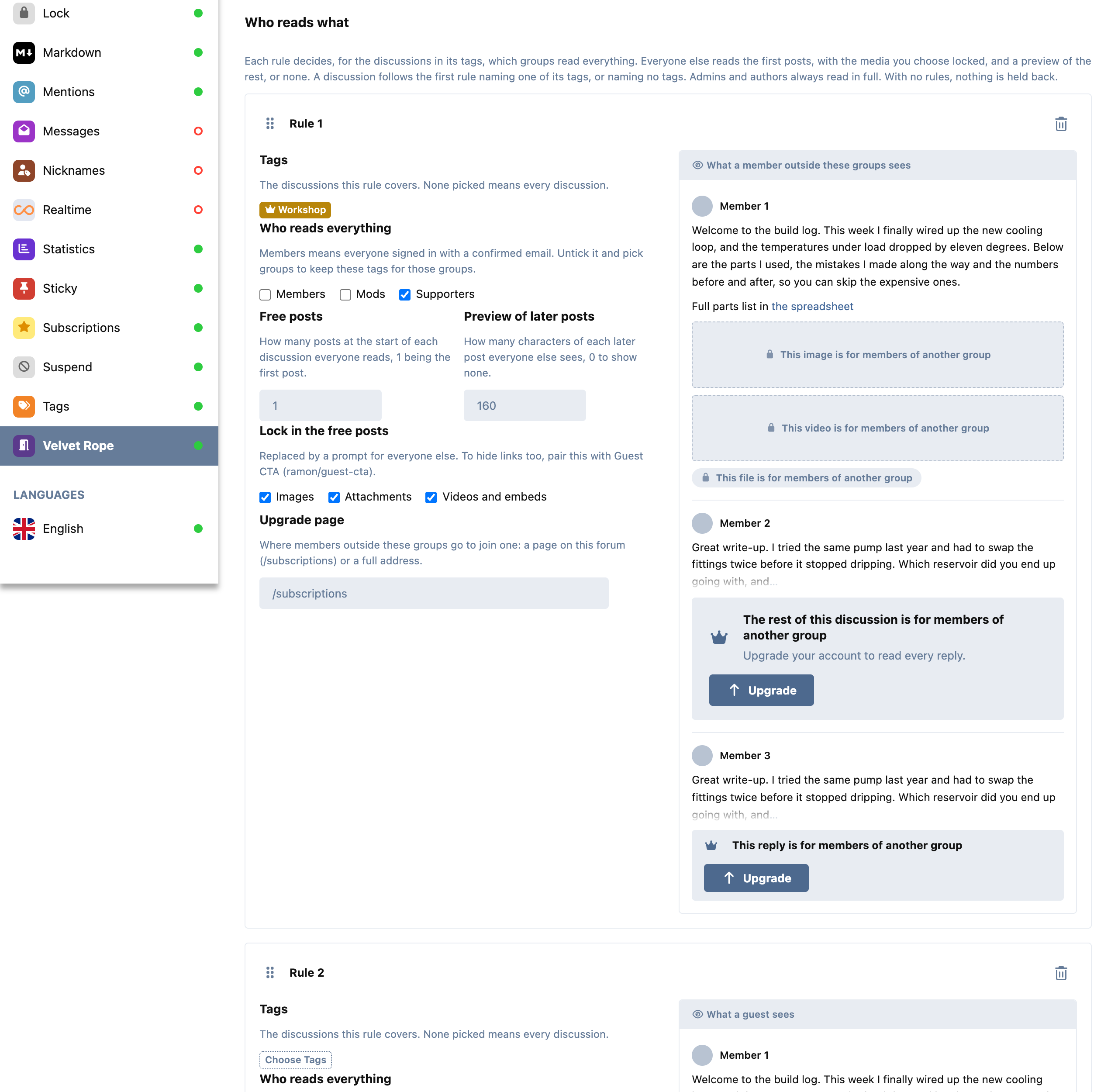 The admin page: a rule with its live preview