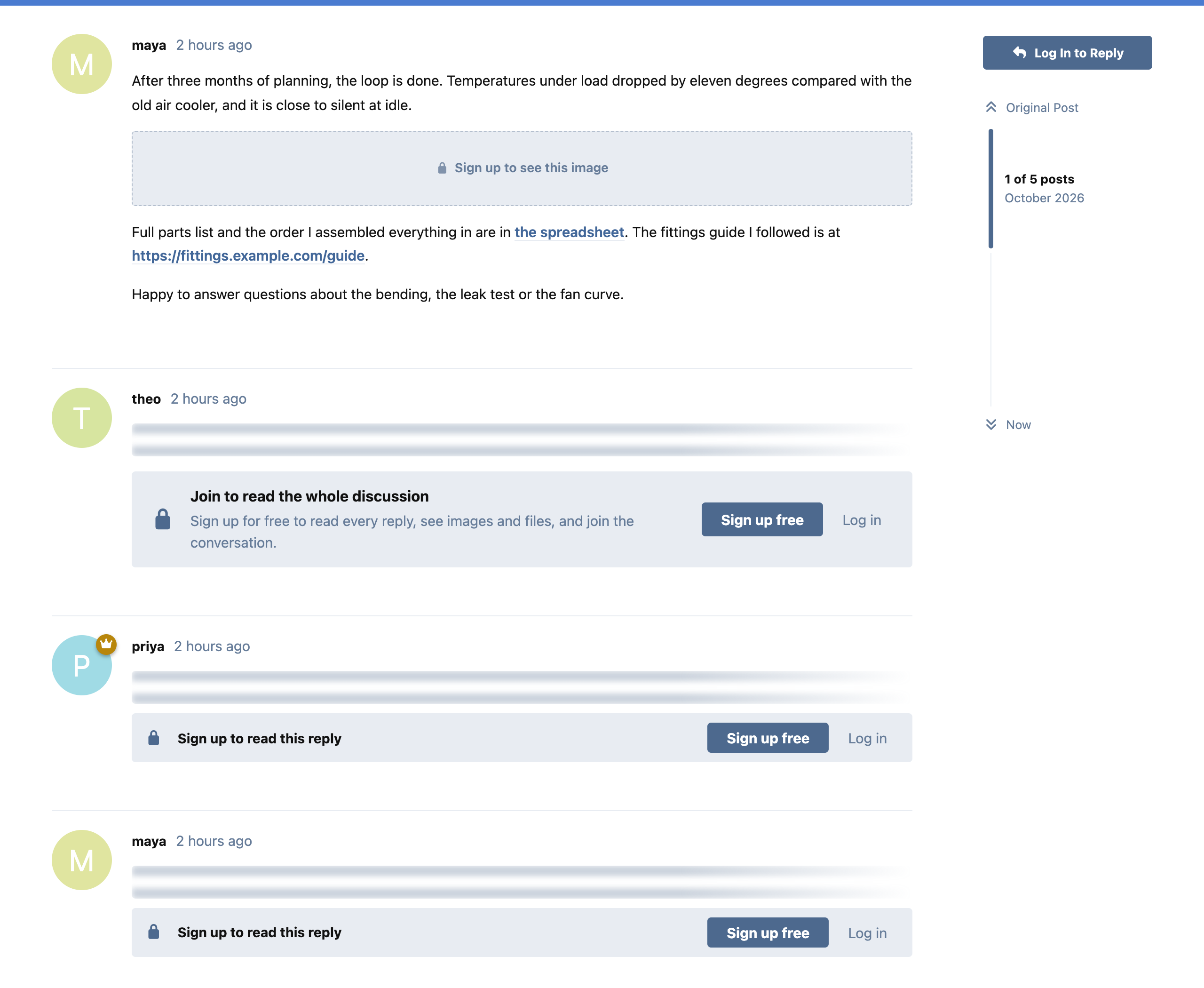 A guest reading a discussion: the first post in full, its image locked, and each reply blurred with a sign-up prompt