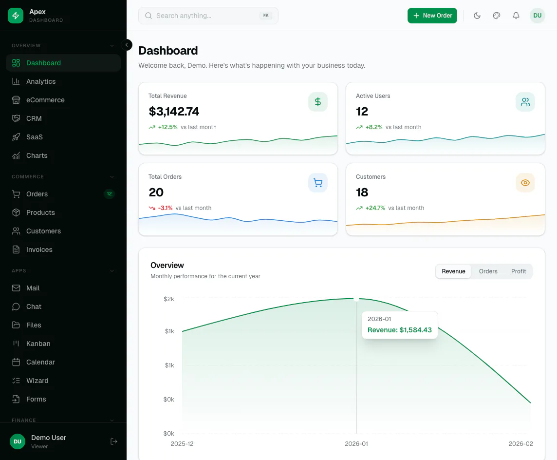 Apex Dashboard Laravel — Laravel 13 admin with Inertia, React 19 and Tailwind v4