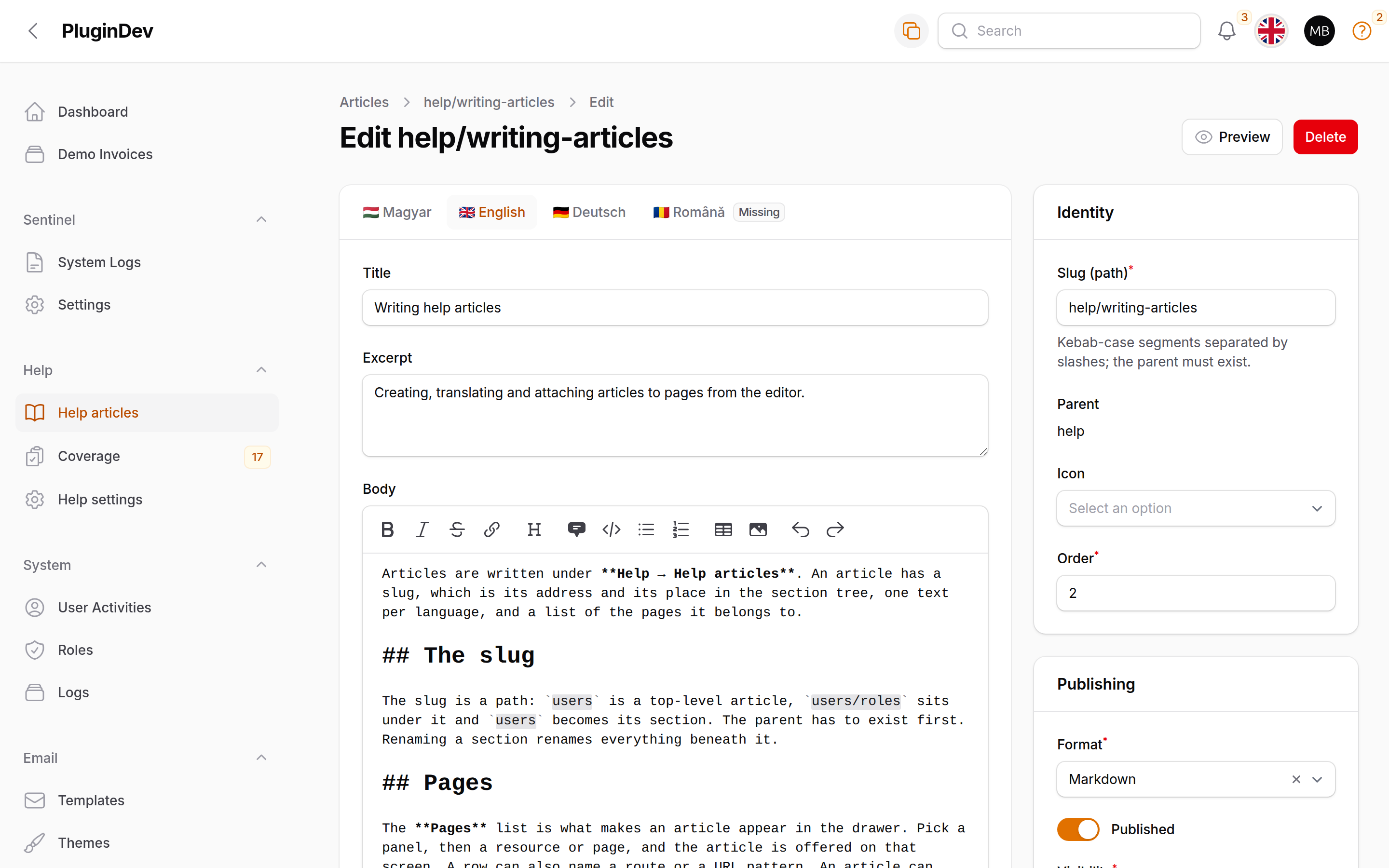 The article edit page with language tabs and the identity sidebar