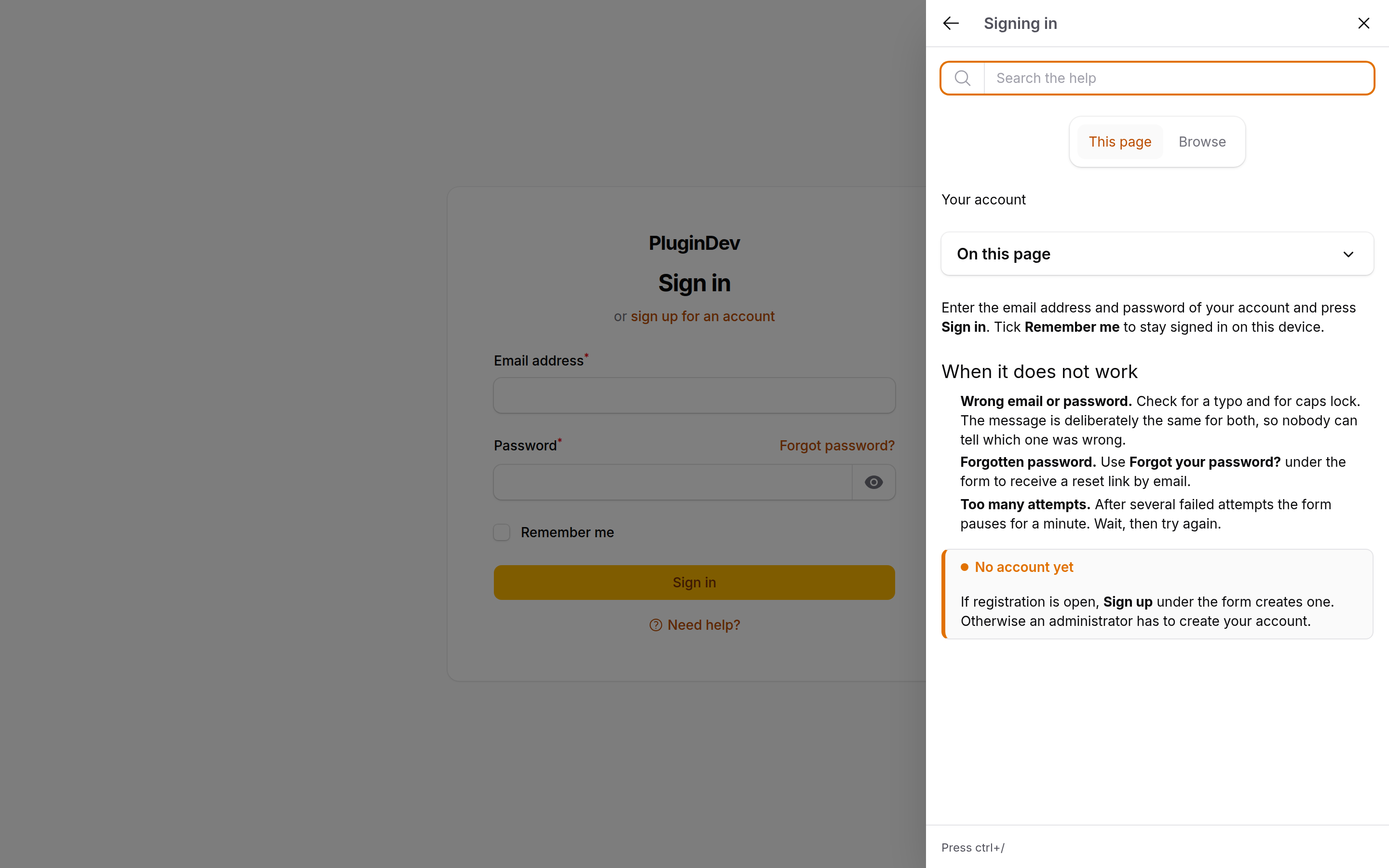 The login page with the help drawer open