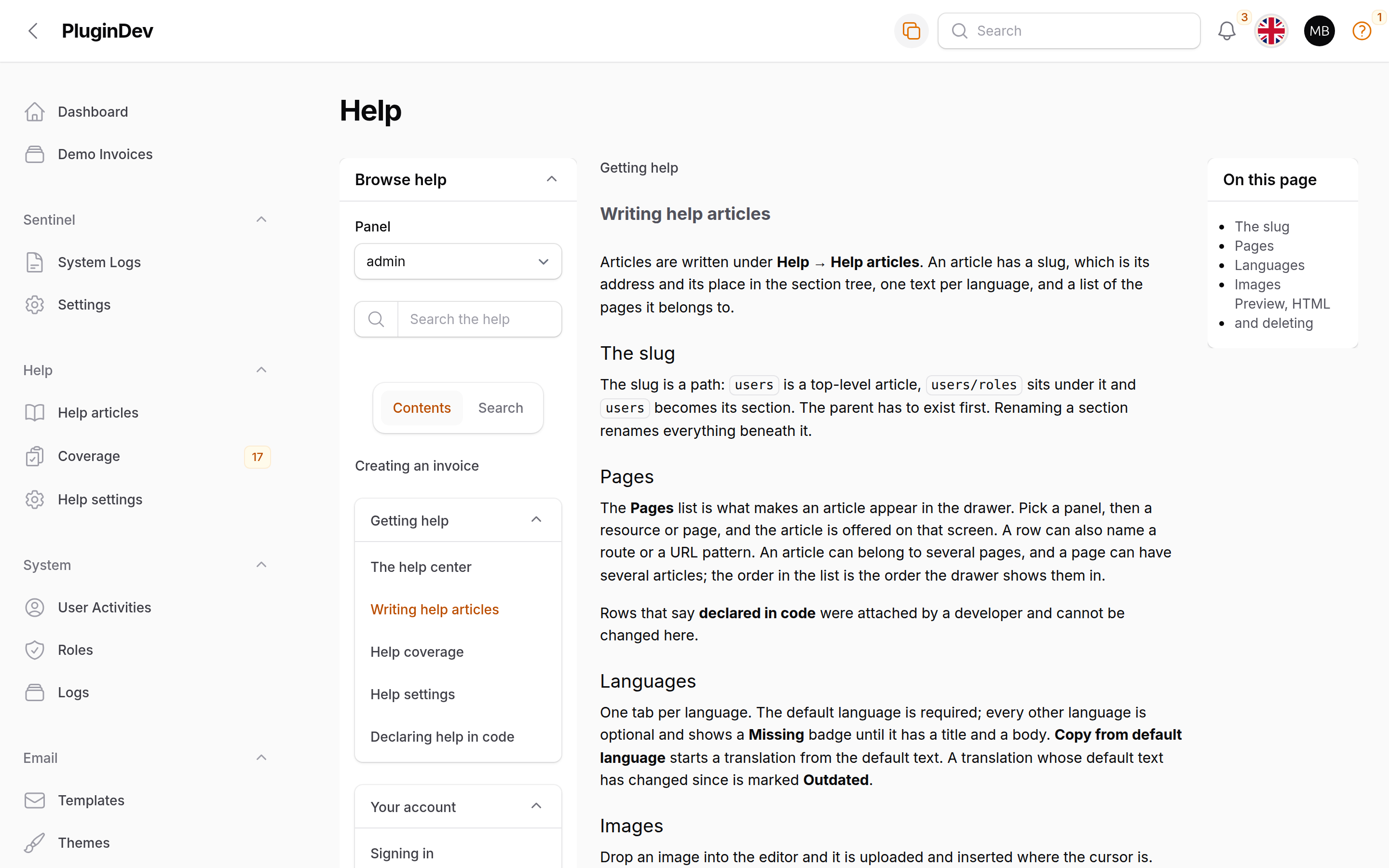 The help center page inside the panel