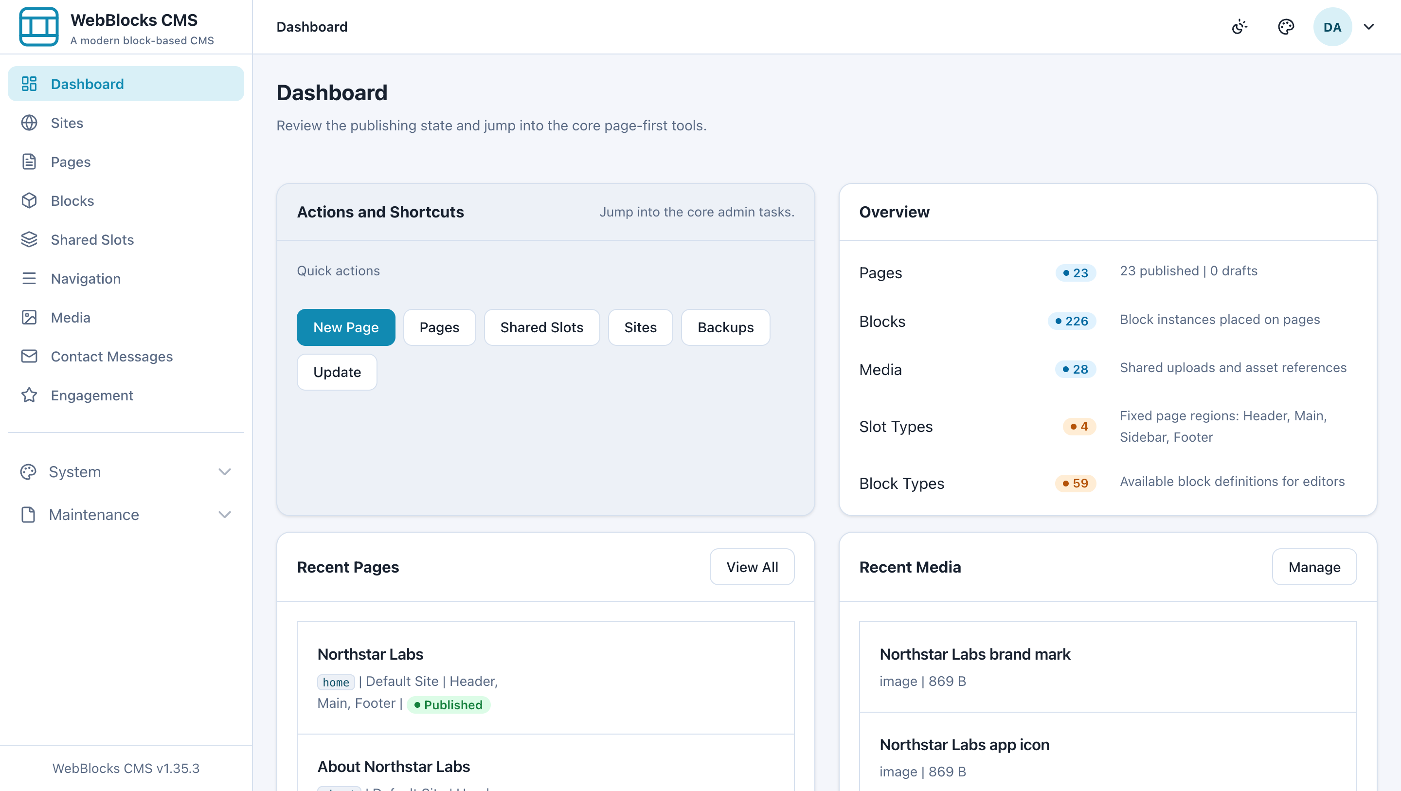 WebBlocks CMS operator dashboard