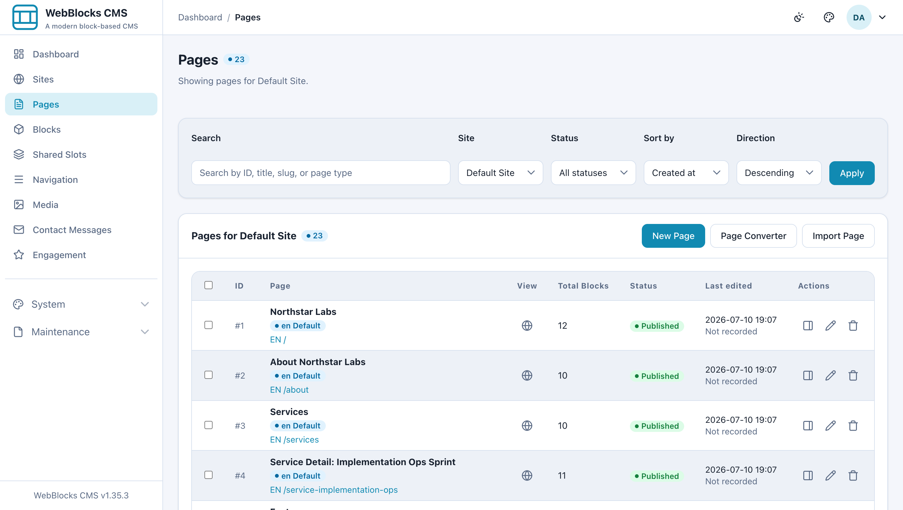 WebBlocks CMS page management