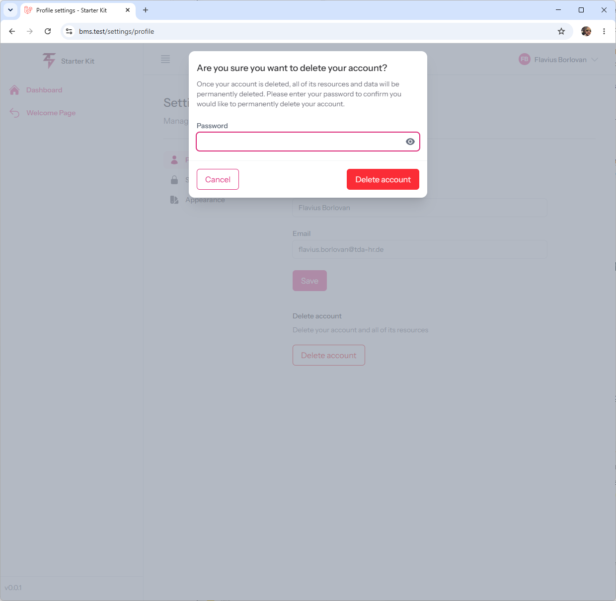 Delete account confirmation