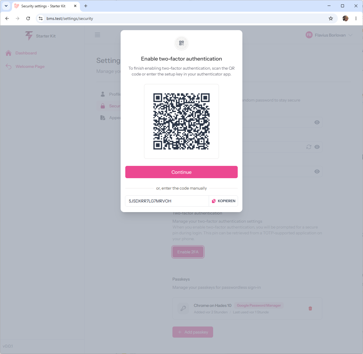 Two-factor authentication setup