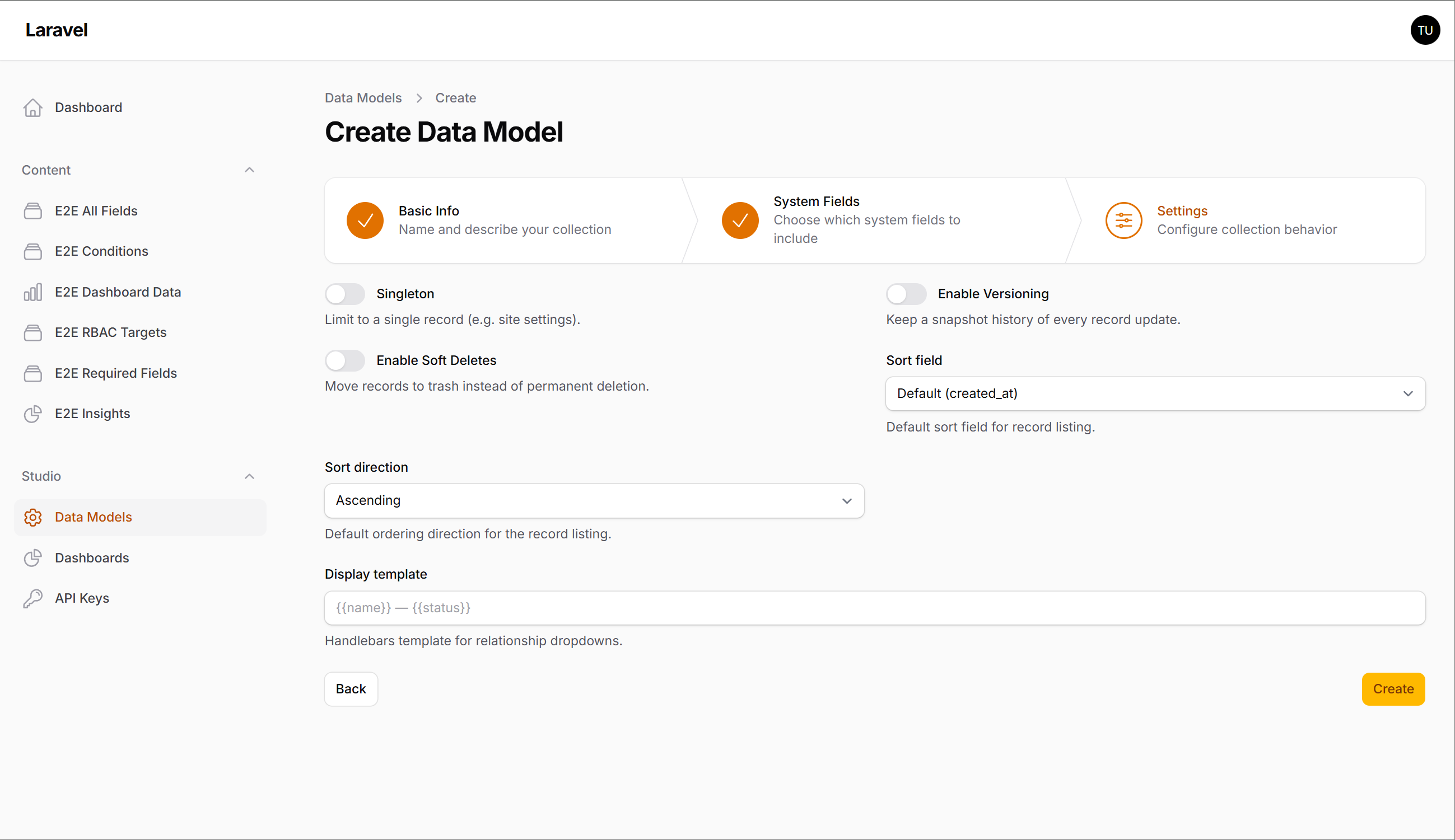 Create Collection — Settings