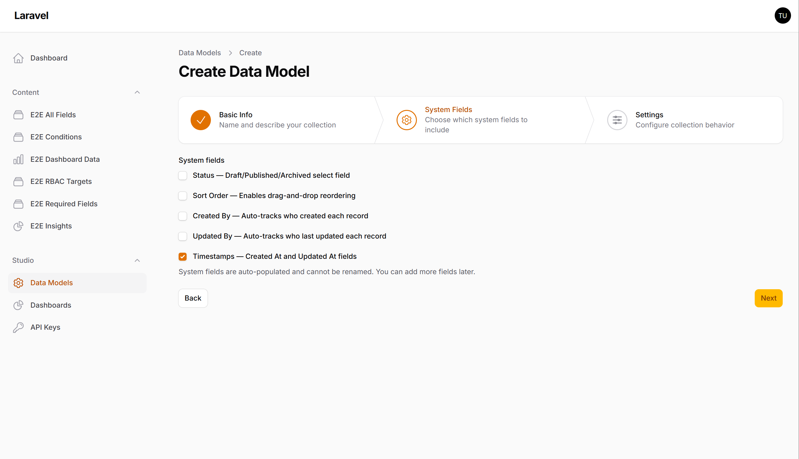 Create Collection — System Fields