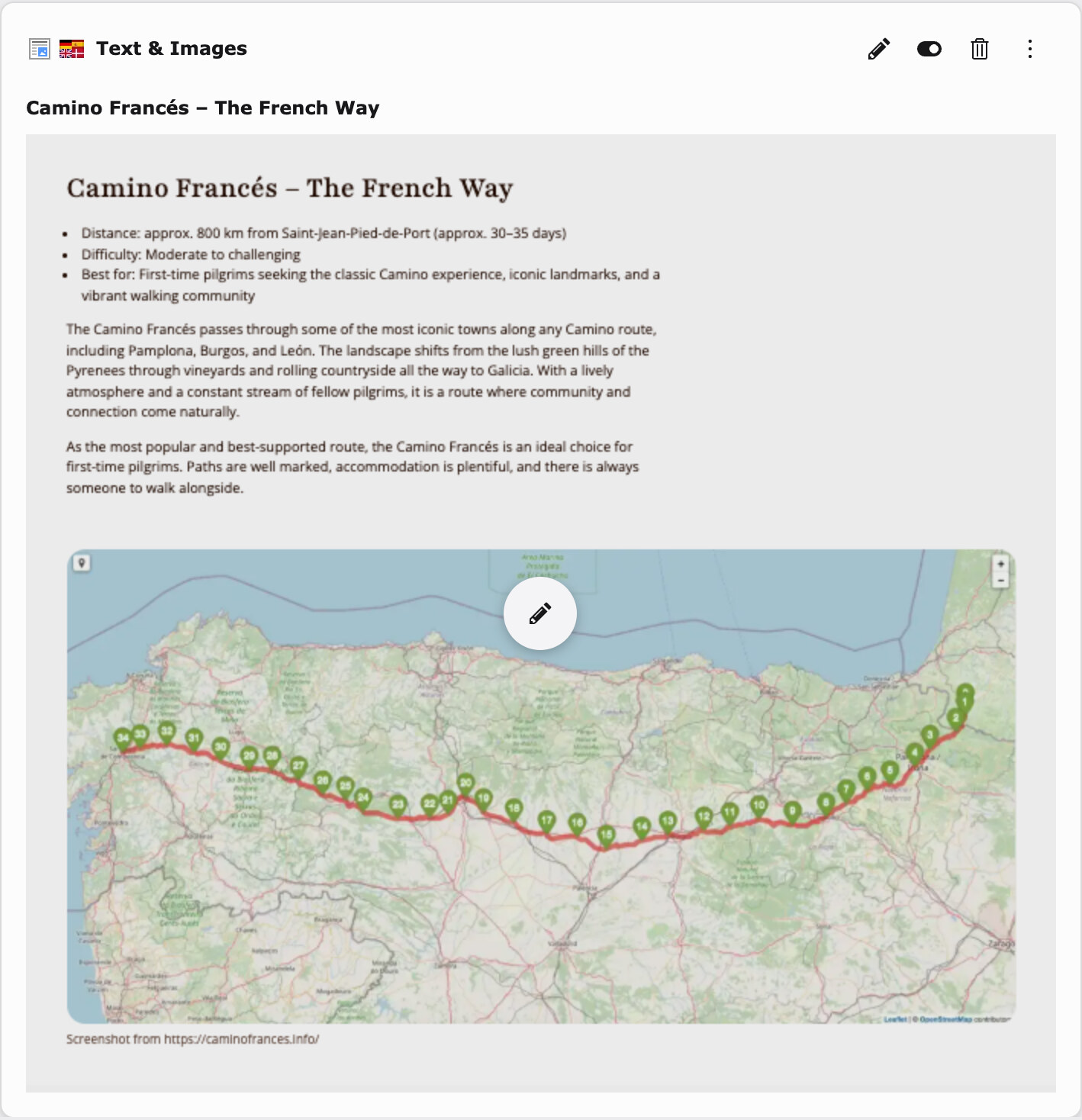 Look preview of a text with image element with a map, above the middle a round white edit icon that appears on hover