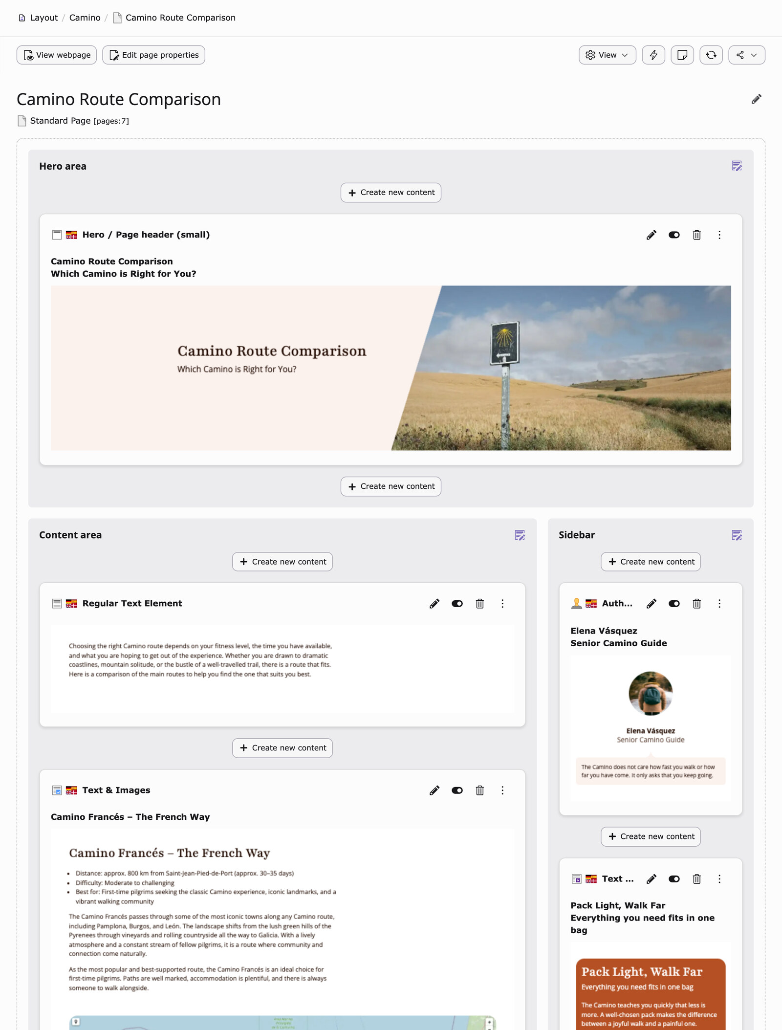The same page module with Look: hero with photo and headline, text in the frontend layout, the map in full width, the sidebar with the author card and a coloured text teaser