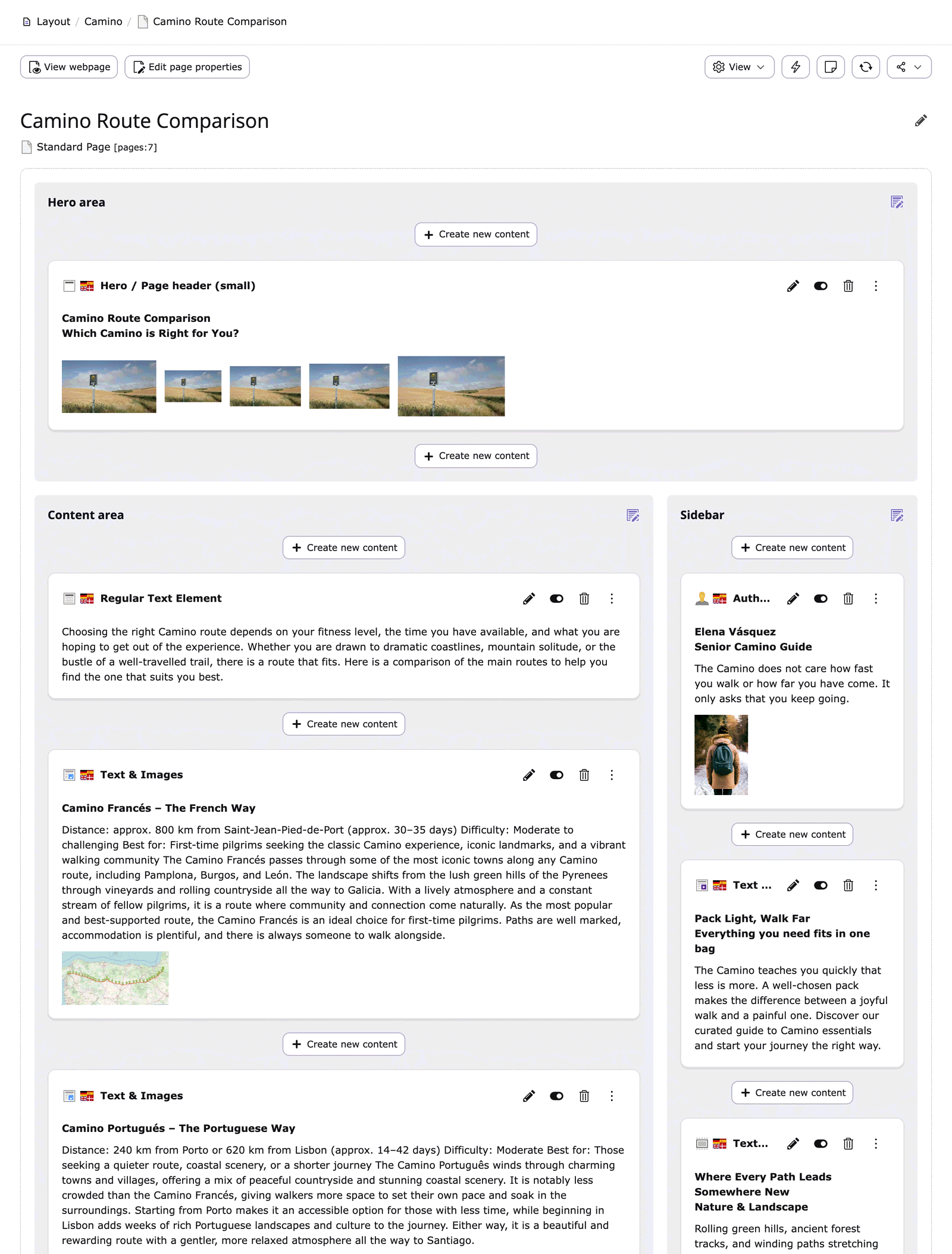 The page module of a Camino page with Camino's own previews: hero with crop thumbnails, text as running text, a small map image, the sidebar with author and text teaser as text
