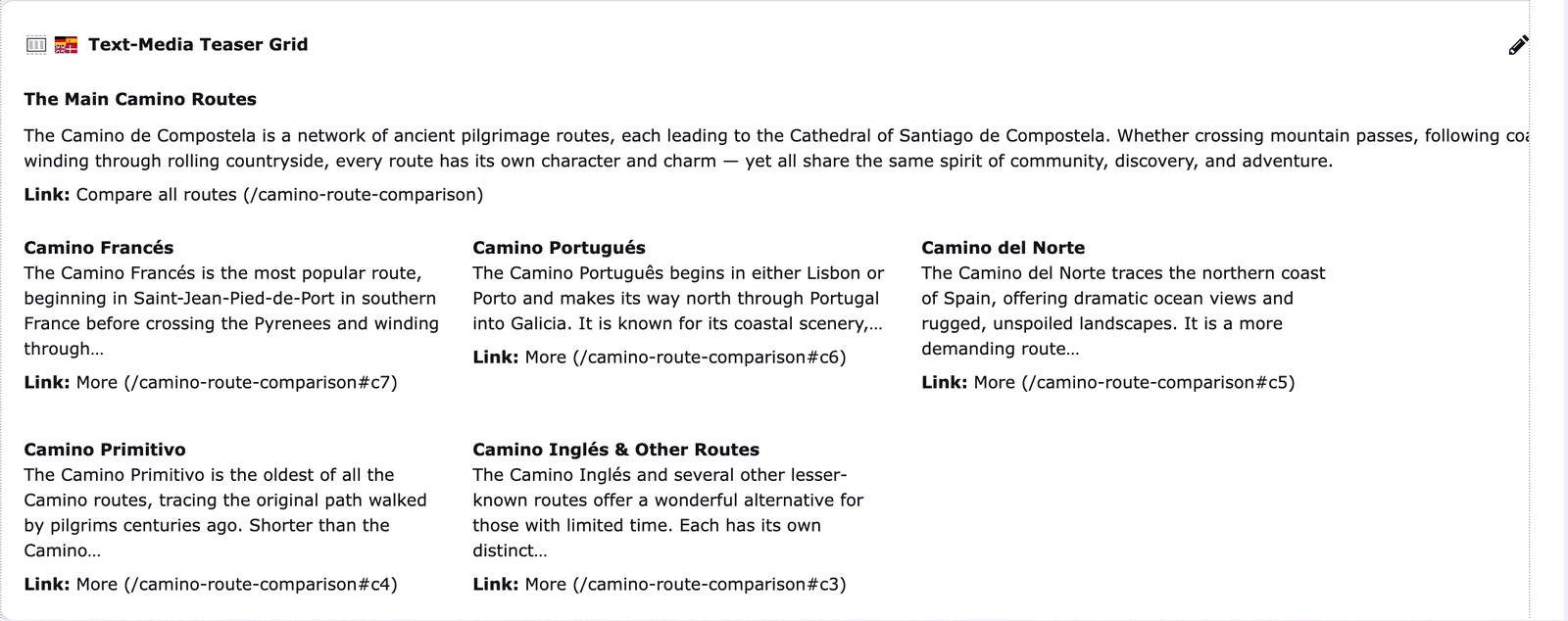 Camino's preview of a teaser grid: headline, intro, link line and five teasers as plain text blocks