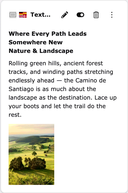 Camino's preview of a textmedia teaser in the narrow sidebar: headline, subline, text and a small portrait thumbnail