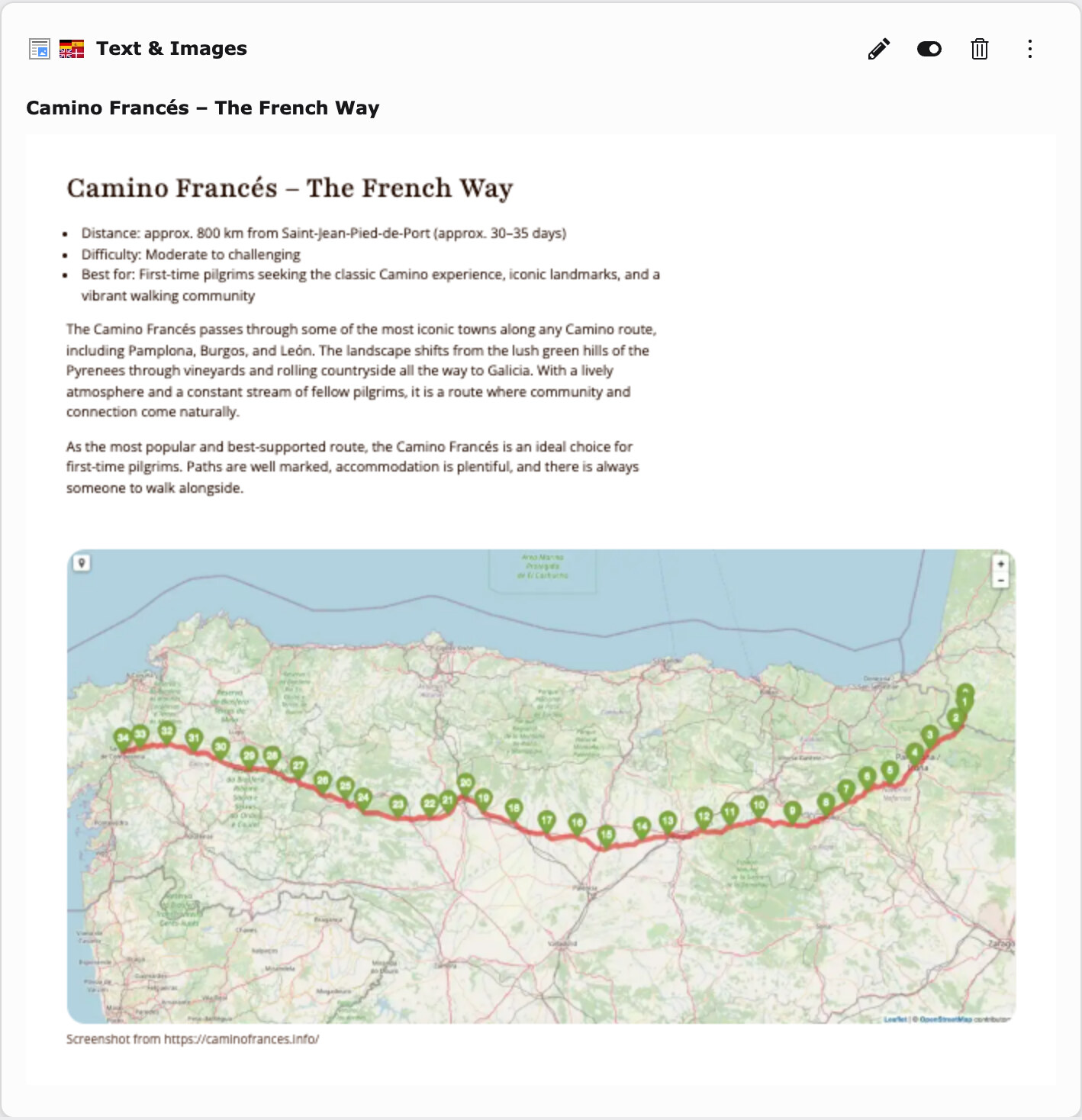 Look's preview of the same element: serif headline, a list, two paragraphs and the map in full width