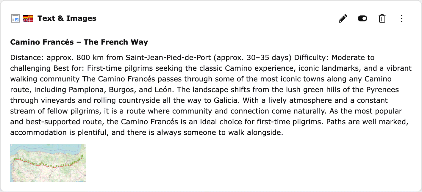 Camino's preview of a text with image element: headline, one long paragraph and a small map thumbnail