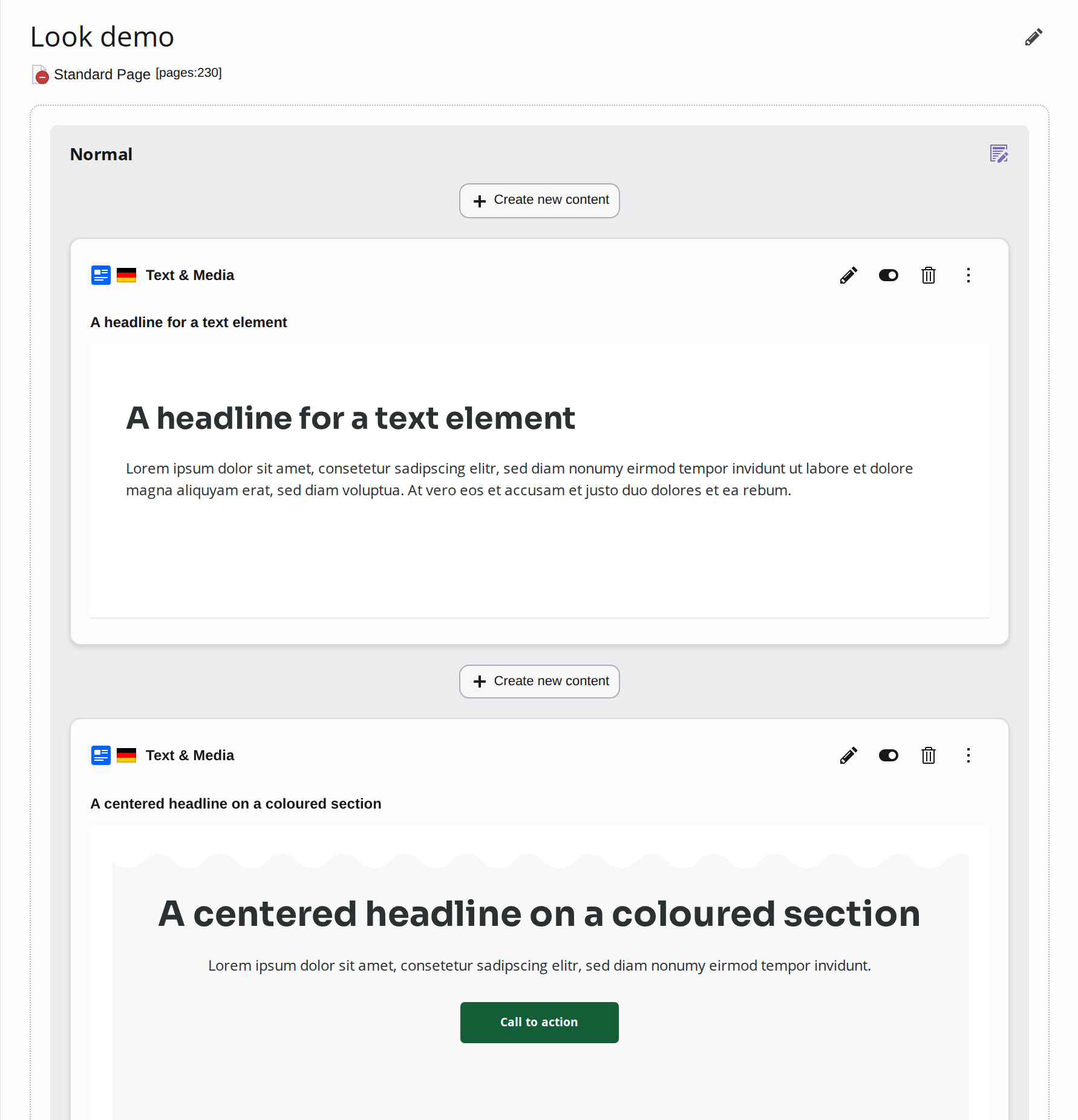Content elements in the page module, rendered with the frontend design