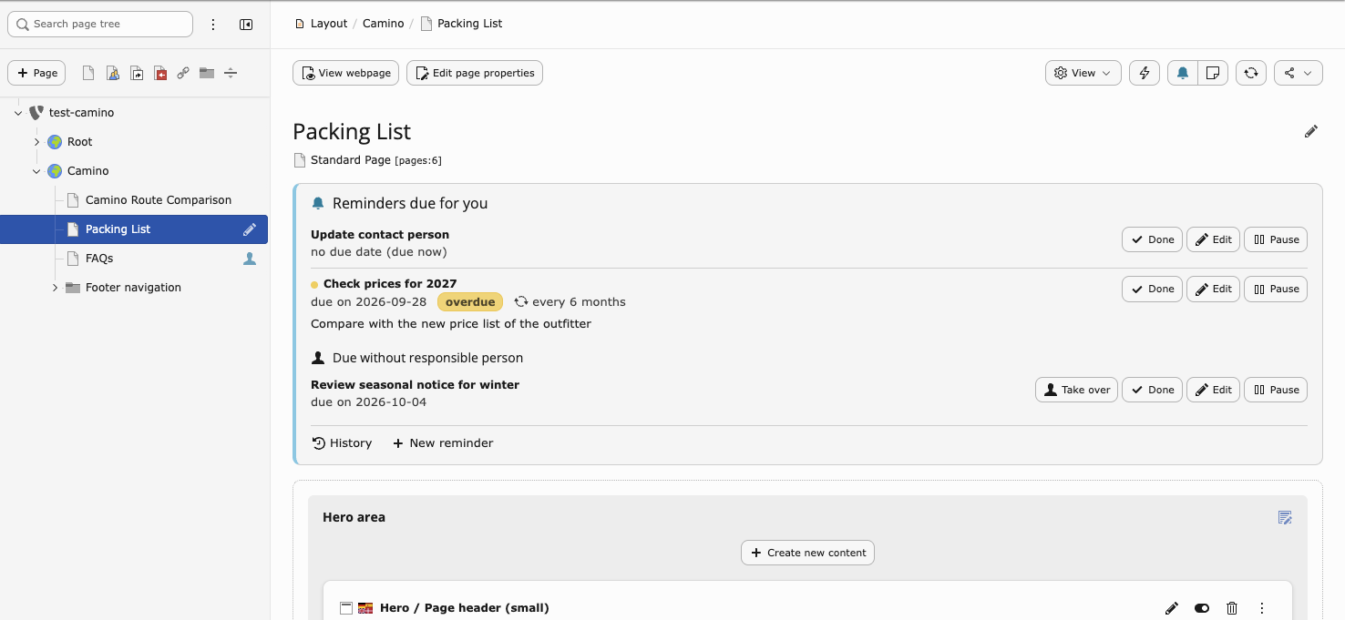 Page module with reminder panel and page tree markers