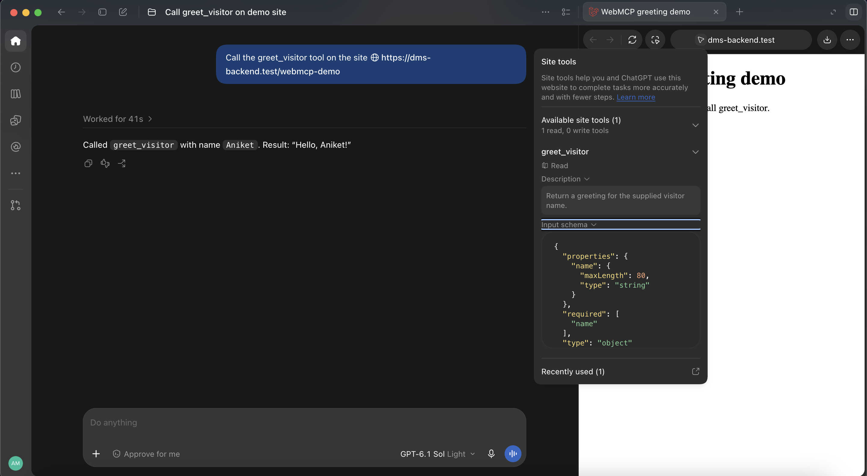 ChatGPT beside the WebMCP greeting demo, with greet_visitor listed in Site tools, its input schema visible, and a response reporting Hello, Aniket!