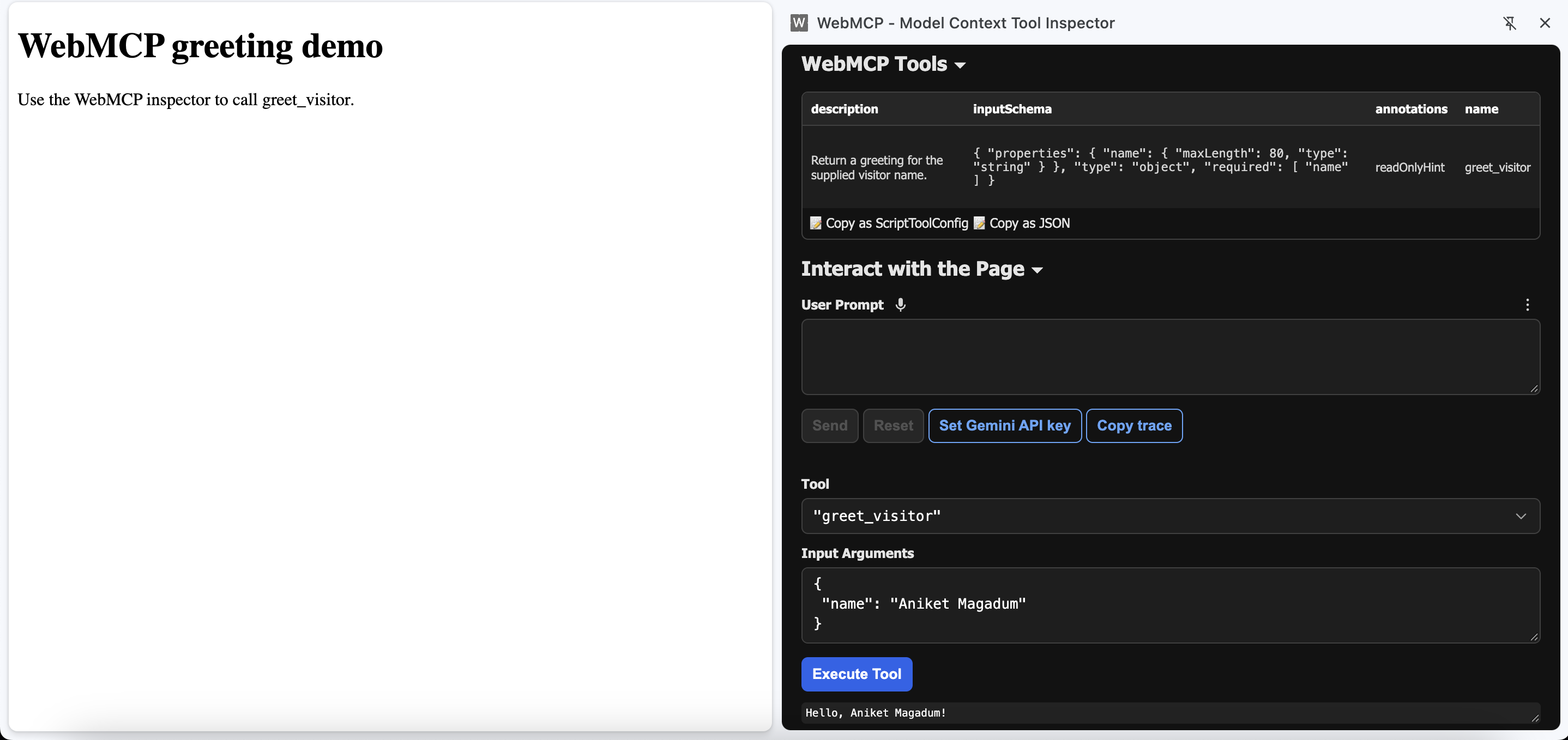 WebMCP greeting page beside the Model Context Tool Inspector, showing greet_visitor metadata, input arguments, the Execute Tool button, and Hello, Aniket Magadum! as the result
