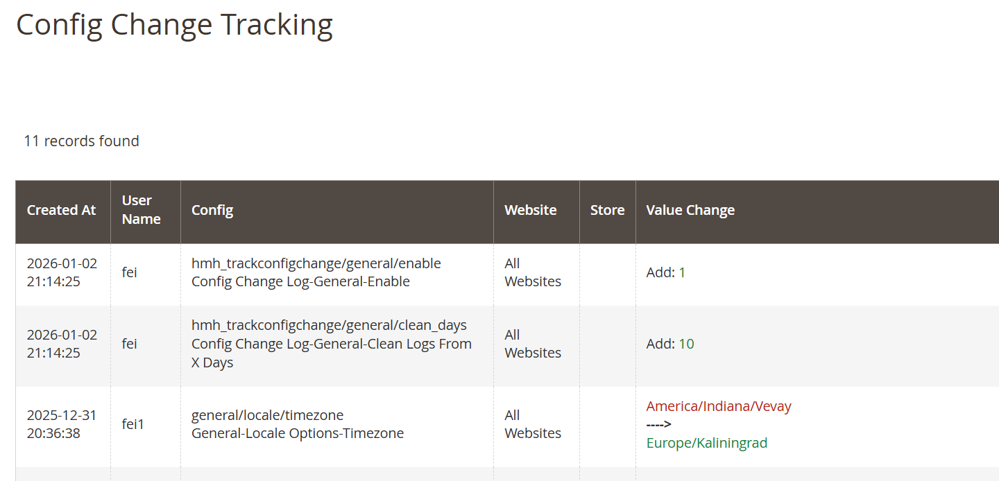 Config change log grid