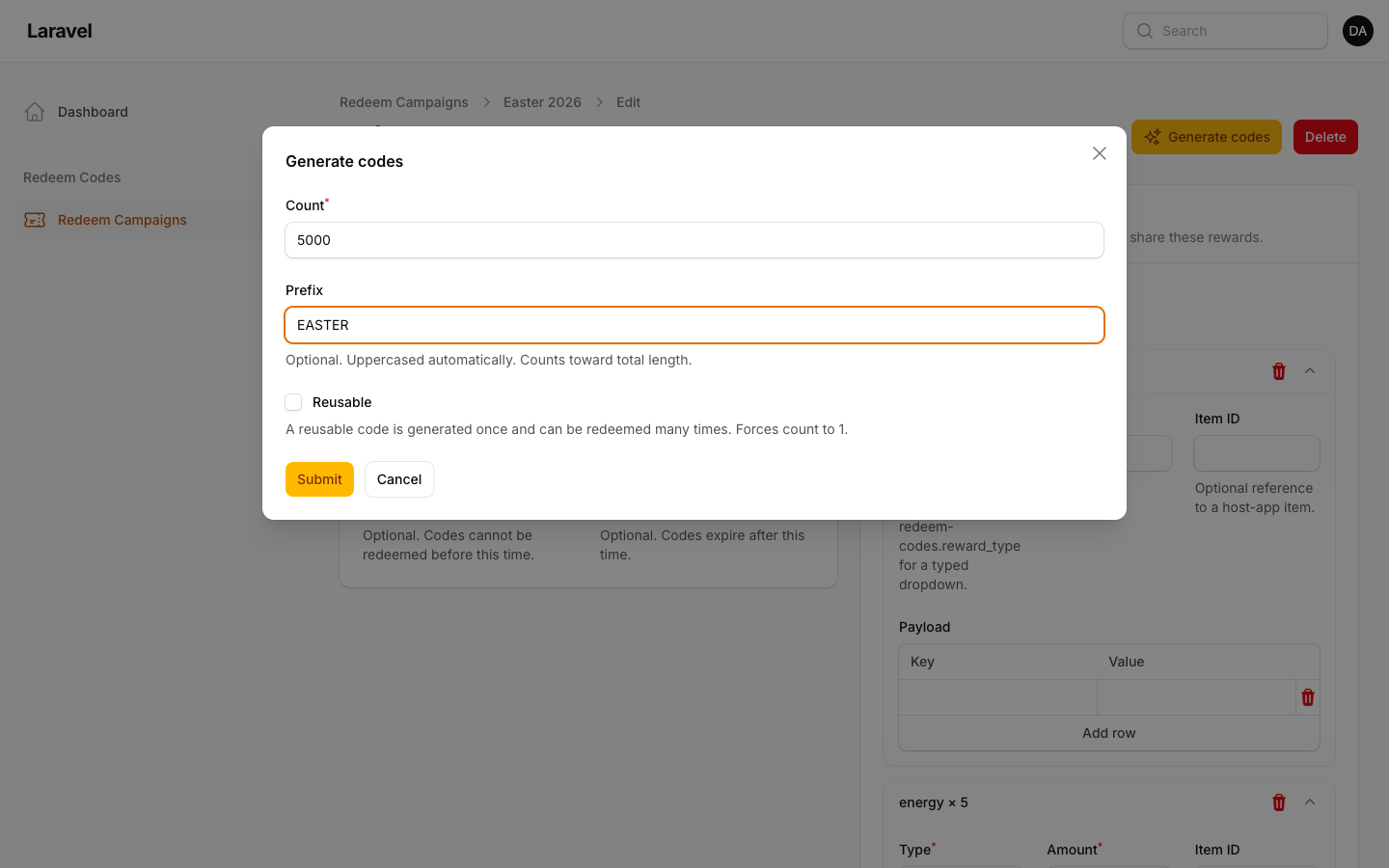 Generate codes modal