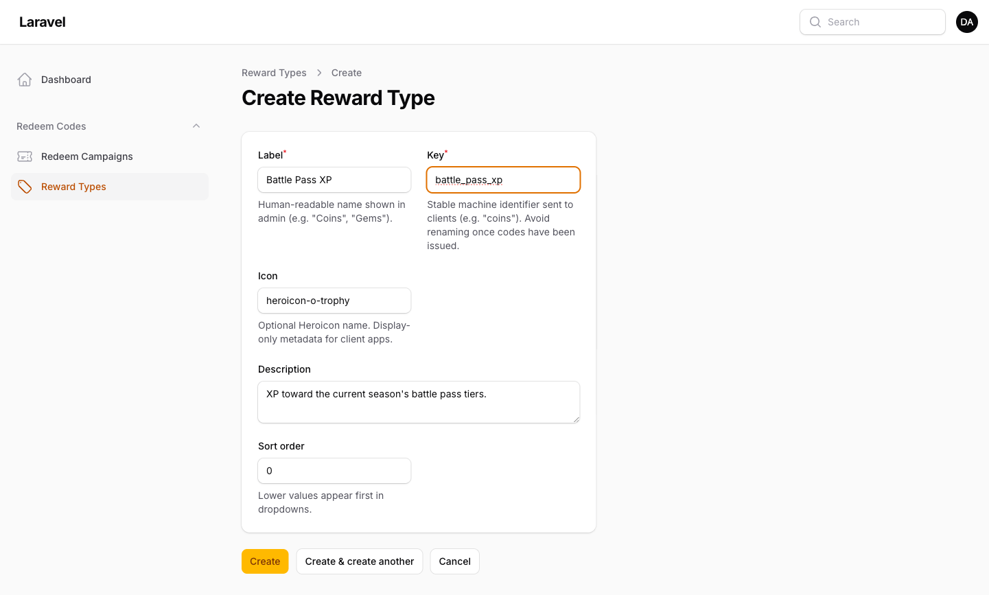 Create reward type