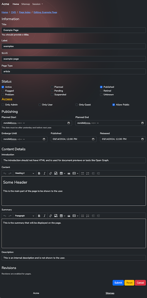 screenshot of Editing a Page with the dark theme.