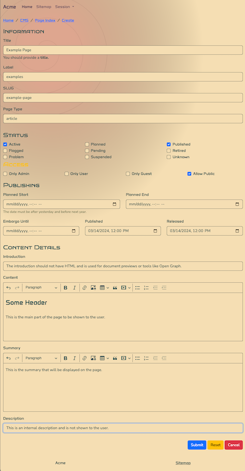 screenshot of Editing a Page with the wheat theme.