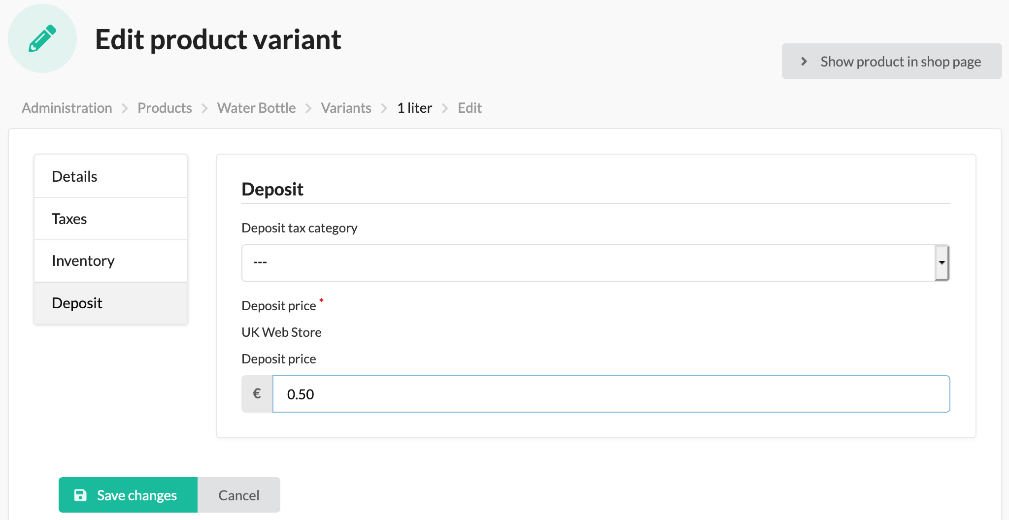 Screenshot manage product variant deposit price