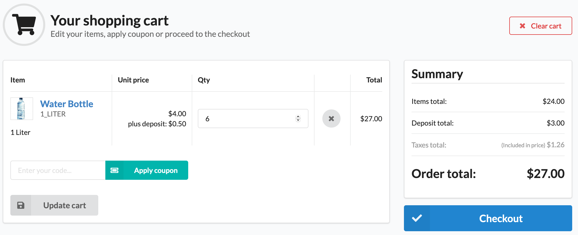 Screenshot shopping cart with deposit