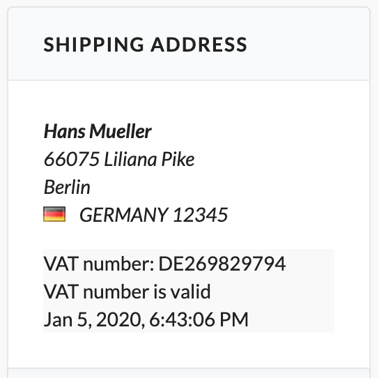 Screenshot order shipping address with vat number