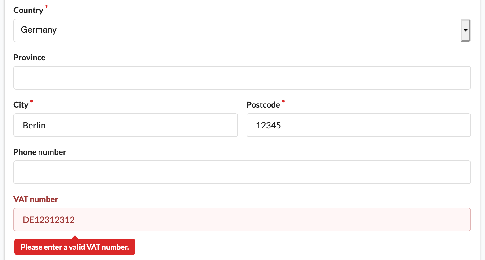 Screenshot checkout address with vat number