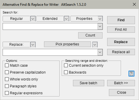 Main dialog box of AltSearch