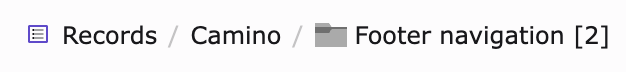 Records module breadcrumb showing a record uid, e.g. "Footer navigation [2]"