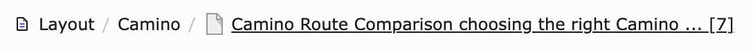 Page module breadcrumb showing the current record uid, e.g. "Camino Route Comparison … [7]"