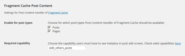 Settings for Post Content Handler for Fragment Cache