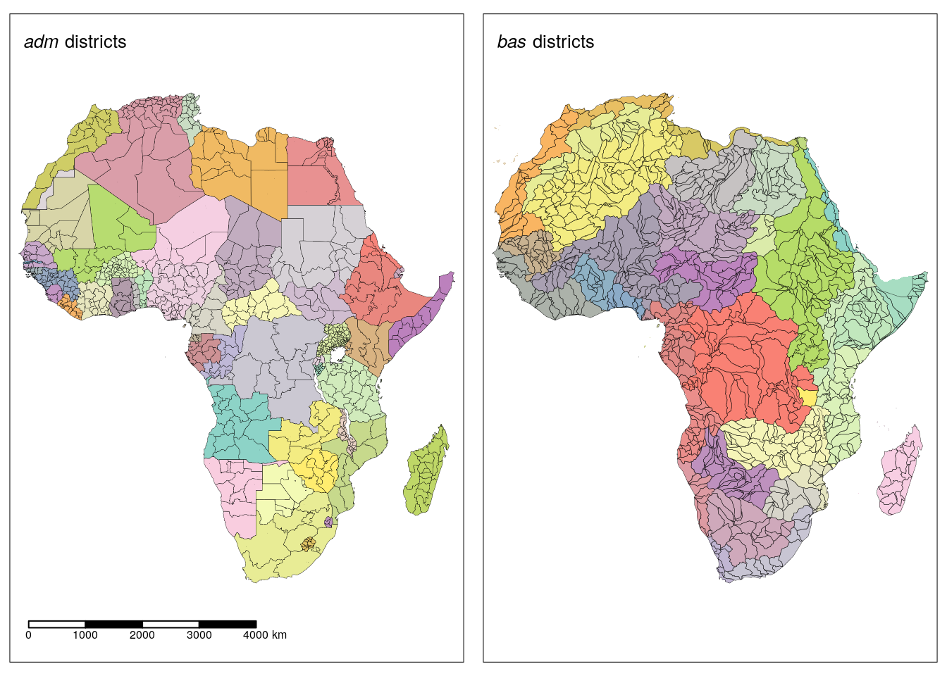 Overview of the administrative (left) and sub-basin districts (right) used for data aggregation.
